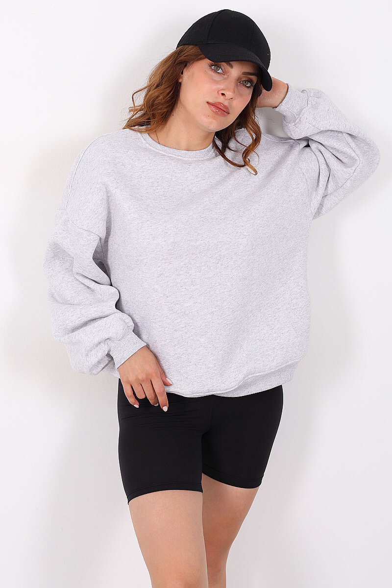 Bisiklet Yaka Üç İplik Gri Kadın Oversize Sweatshirt - 1