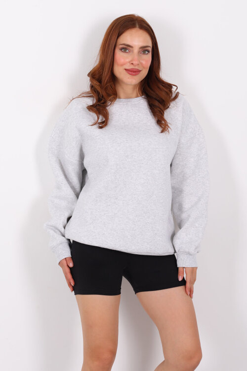 Bisiklet Yaka Üç İplik Gri Melanj Kadın Oversize Sweat - 4