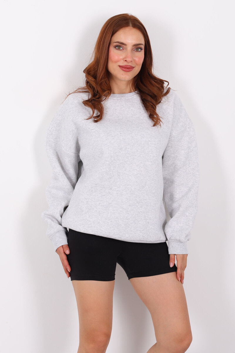 Bisiklet Yaka Üç İplik Gri Melanj Kadın Oversize Sweat - 4