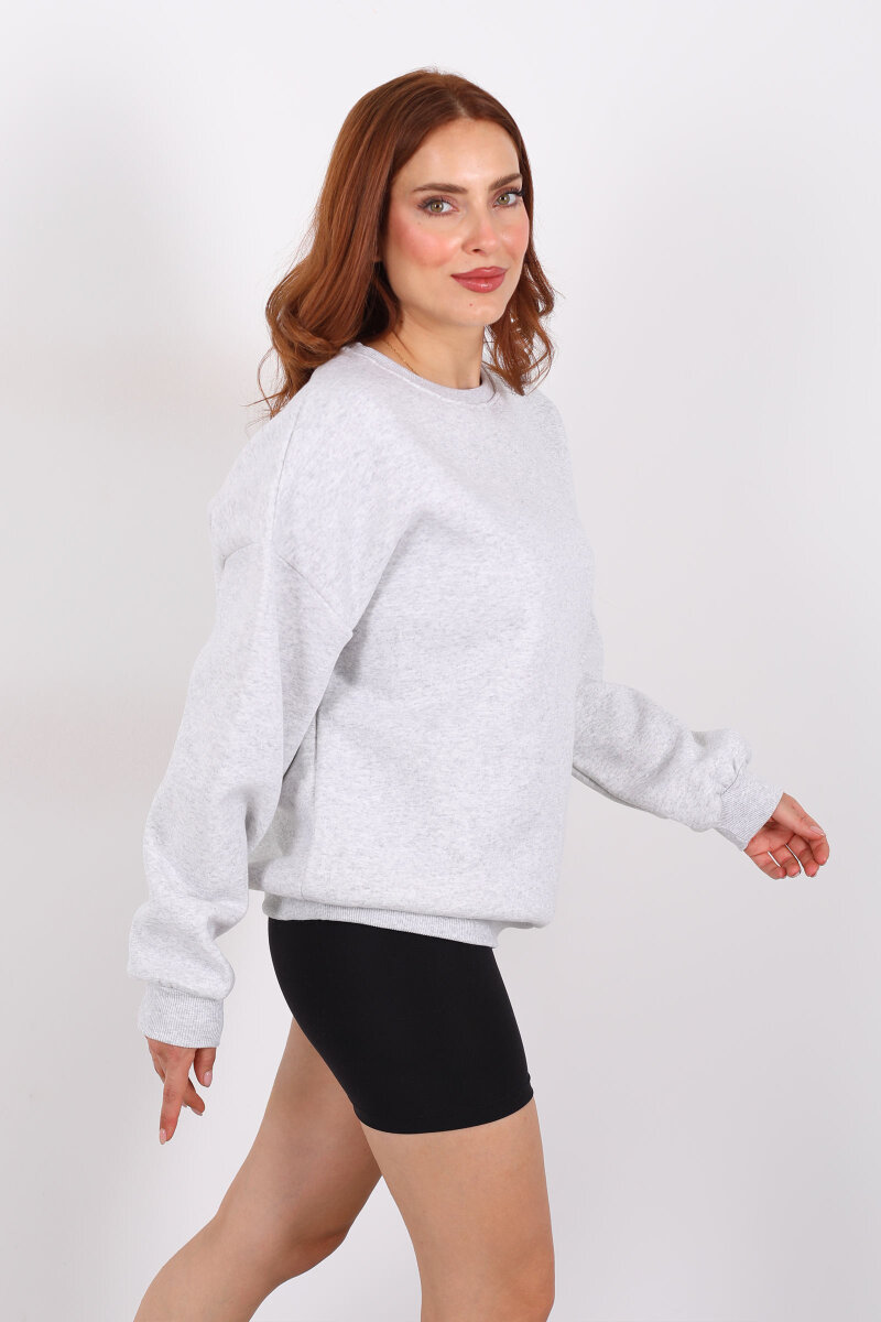 Bisiklet Yaka Üç İplik Gri Melanj Kadın Oversize Sweat - 3