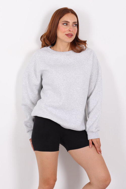 Bisiklet Yaka Üç İplik Gri Melanj Kadın Oversize Sweat - 5