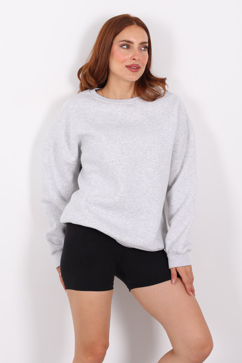 Bisiklet Yaka Üç İplik Gri Melanj Kadın Oversize Sweat - 5