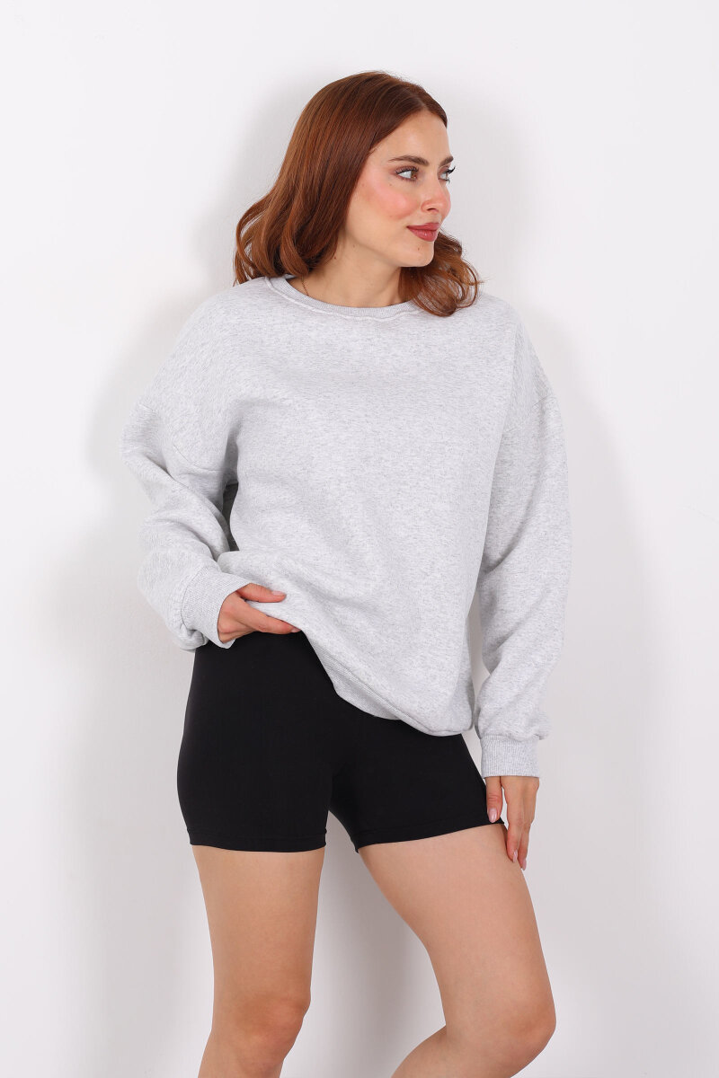 Bisiklet Yaka Üç İplik Gri Melanj Kadın Oversize Sweat - 1