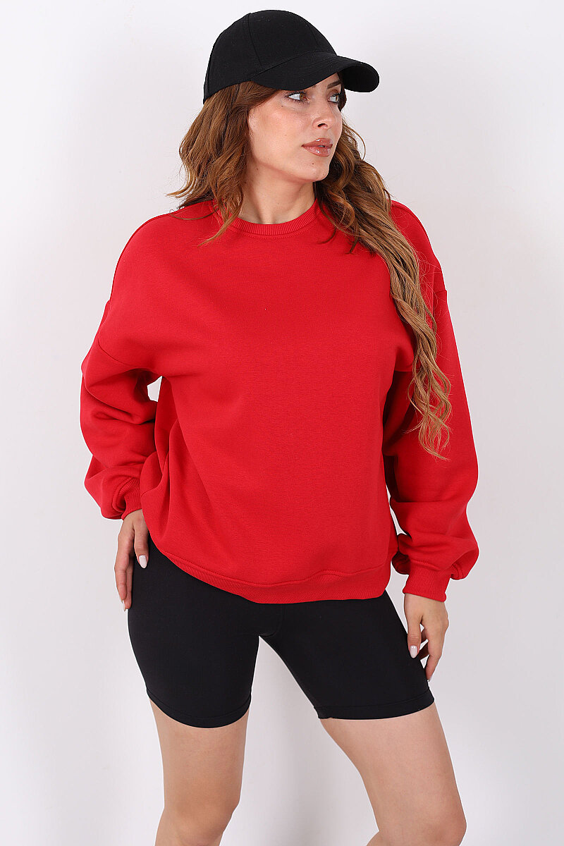Bisiklet Yaka Üç İplik Kırmızı Kadın Oversize Sweatshirt - 6