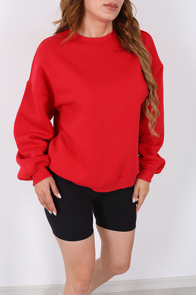 Bisiklet Yaka Üç İplik Kırmızı Kadın Oversize Sweatshirt - 2