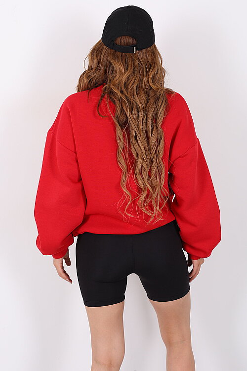 Bisiklet Yaka Üç İplik Kırmızı Kadın Oversize Sweatshirt - 5
