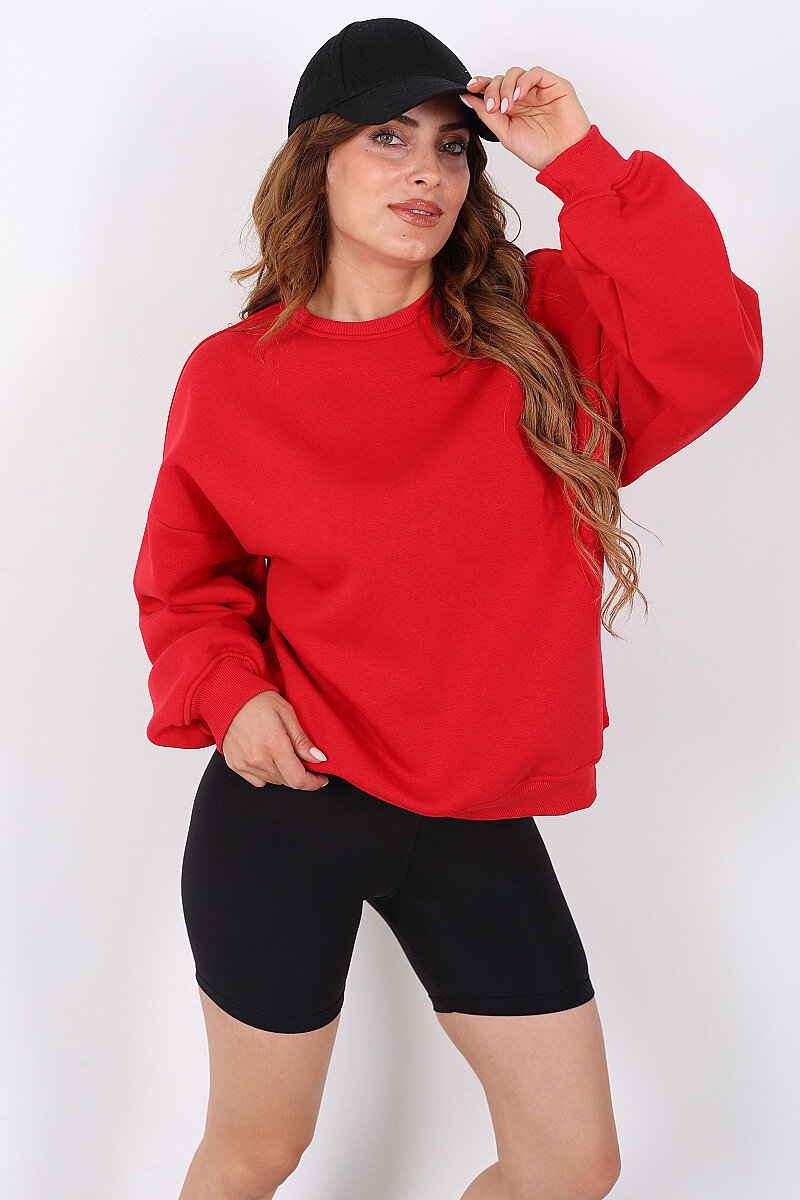 Bisiklet Yaka Üç İplik Kırmızı Kadın Oversize Sweatshirt - 1