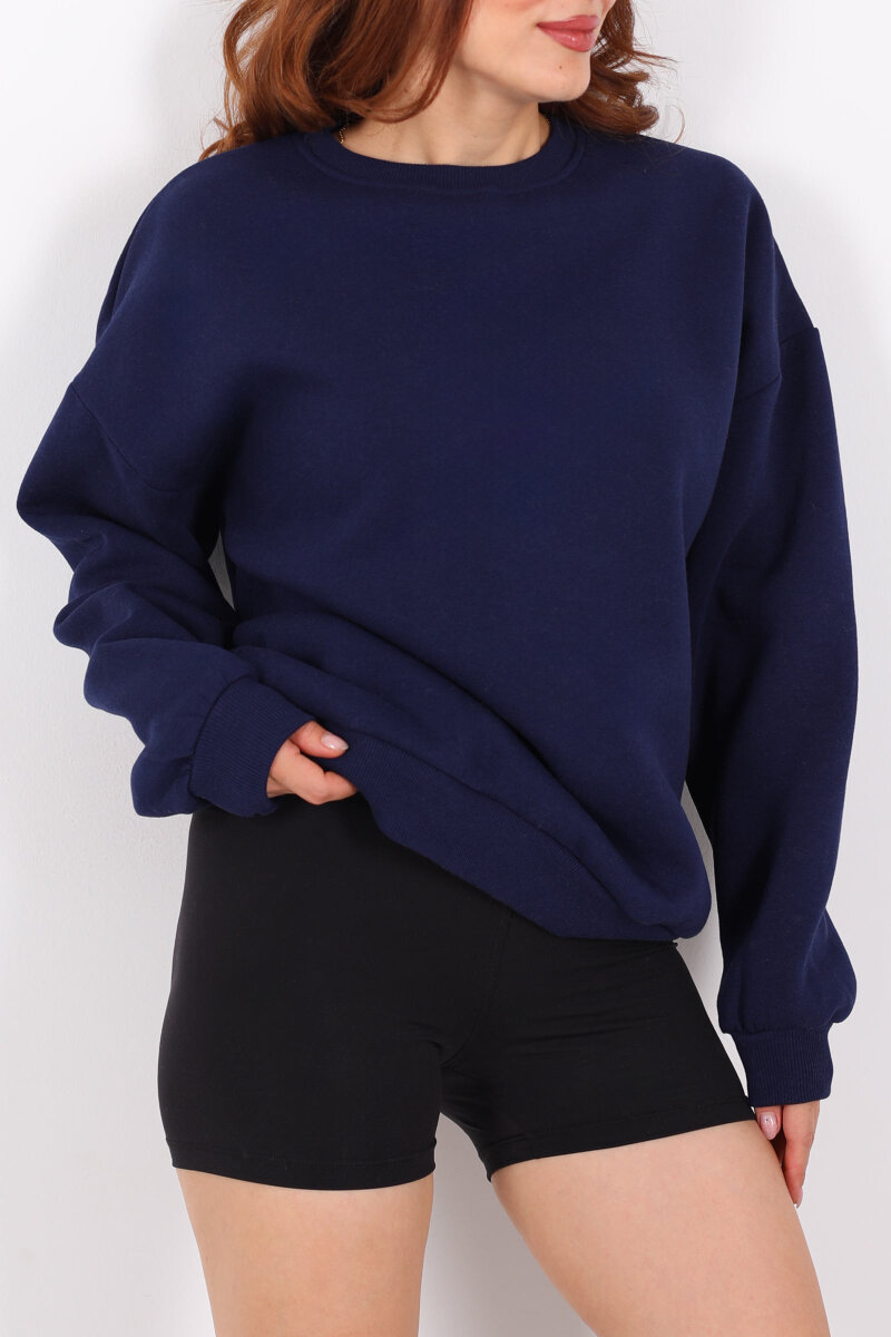 Bisiklet Yaka Üç İplik Lacivert Kadın Oversize Sweat - 2