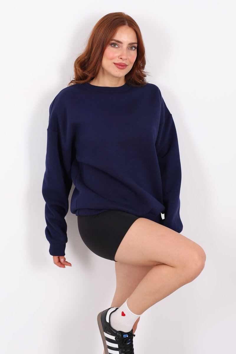Bisiklet Yaka Üç İplik Lacivert Kadın Oversize Sweat - 1