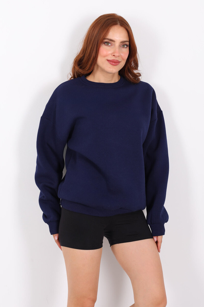 Bisiklet Yaka Üç İplik Lacivert Kadın Oversize Sweat - 6