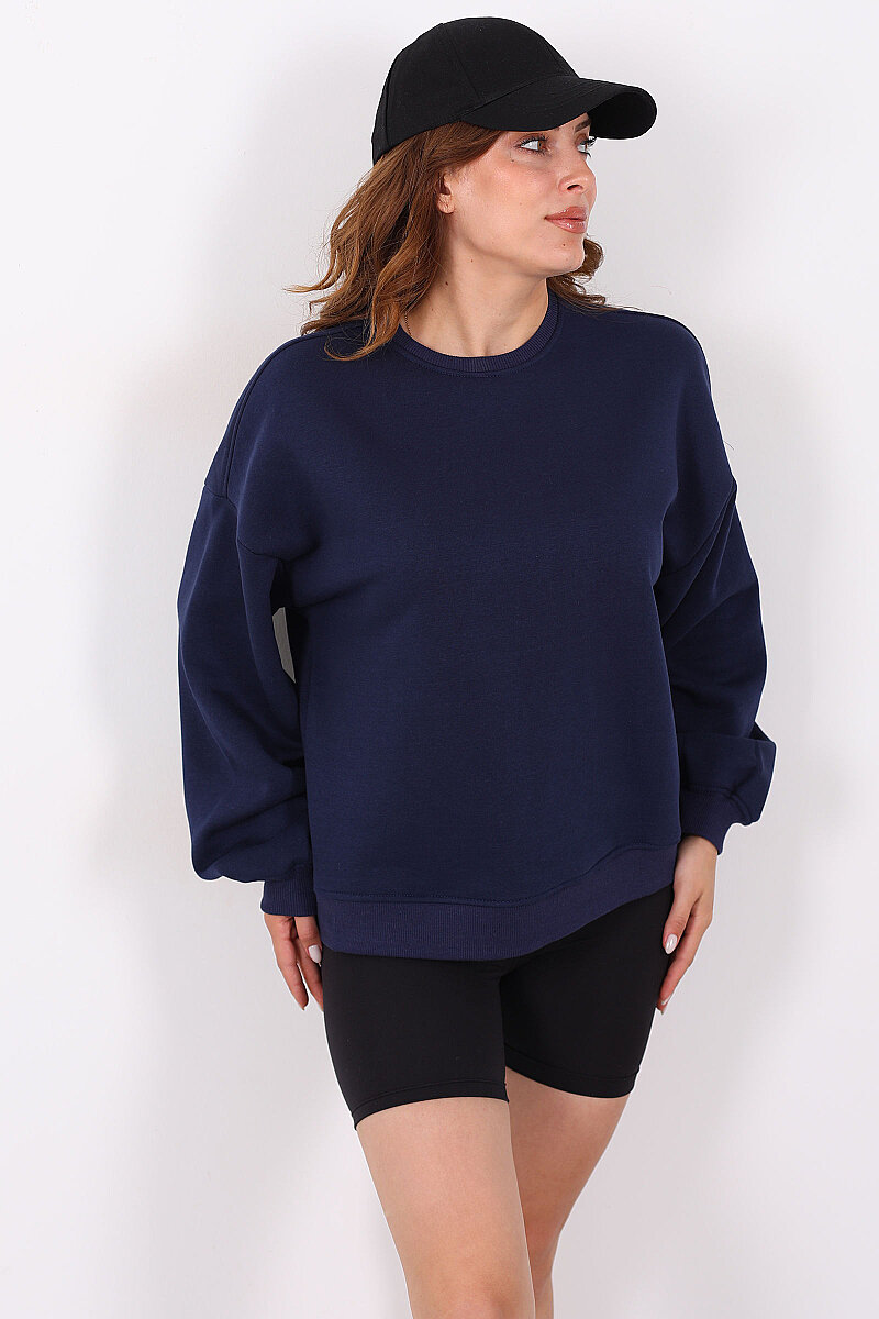 Bisiklet Yaka Üç İplik Lacivert Kadın Oversize Sweatshirt - 6