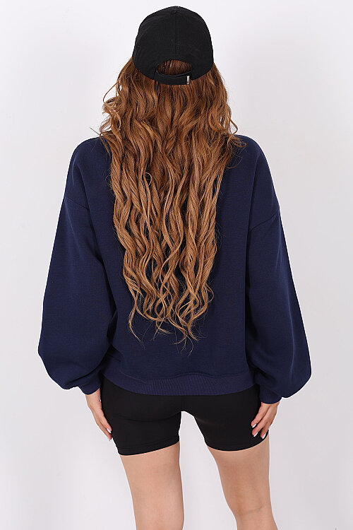 Bisiklet Yaka Üç İplik Lacivert Kadın Oversize Sweatshirt - 5