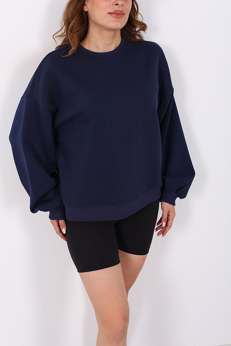 Bisiklet Yaka Üç İplik Lacivert Kadın Oversize Sweatshirt - 2