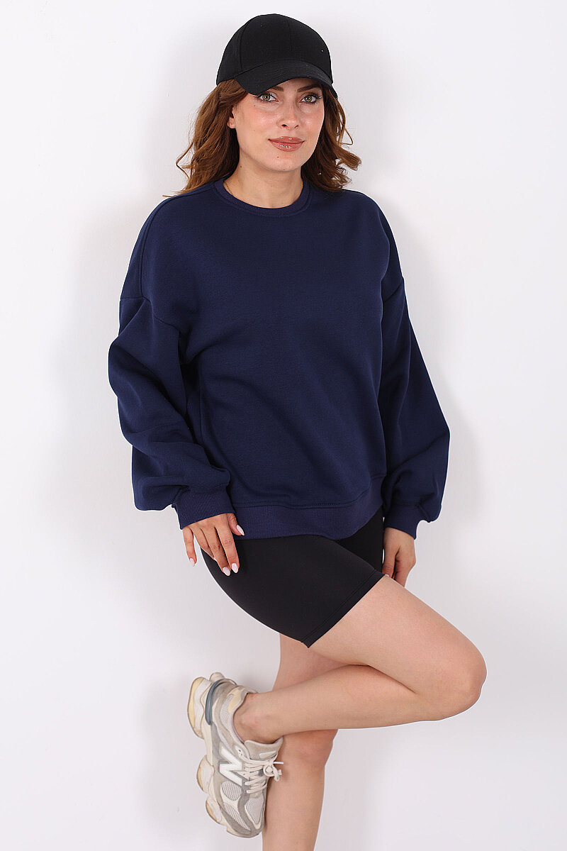 Bisiklet Yaka Üç İplik Lacivert Kadın Oversize Sweatshirt - 4