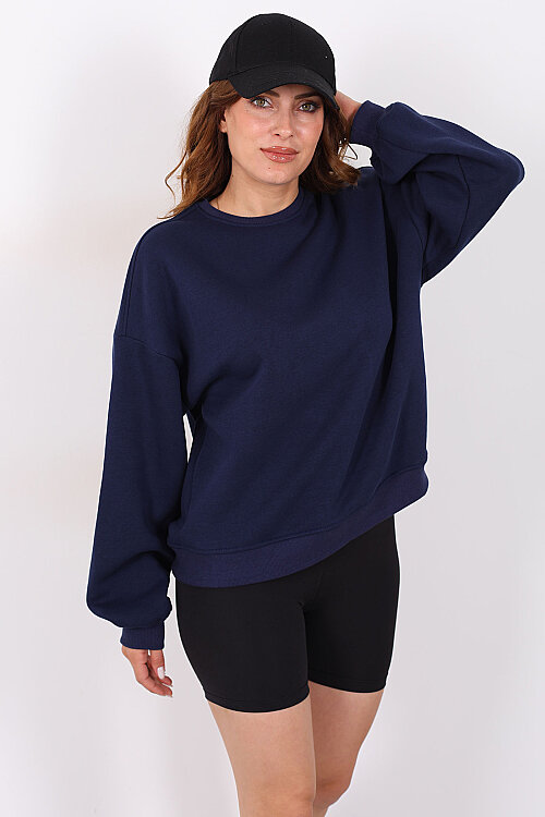 Bisiklet Yaka Üç İplik Lacivert Kadın Oversize Sweatshirt - Berox
