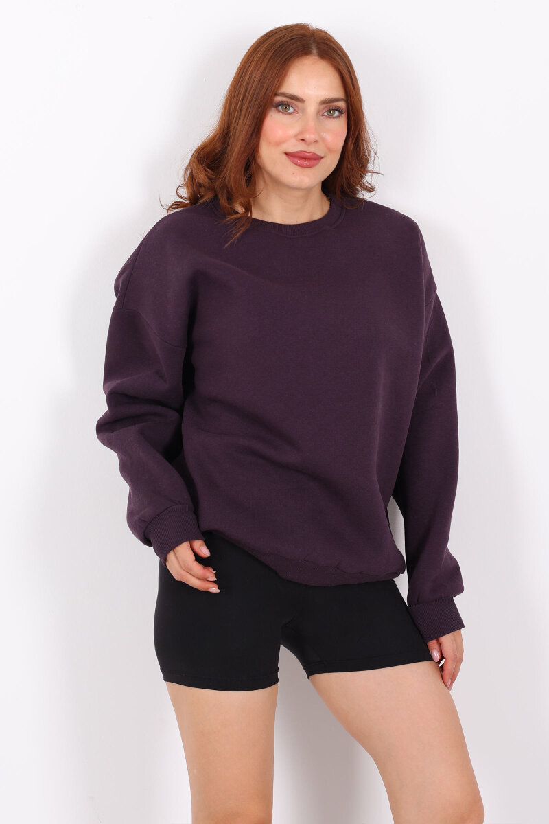 Bisiklet Yaka Üç İplik Mor Kadın Oversize Sweat - 4