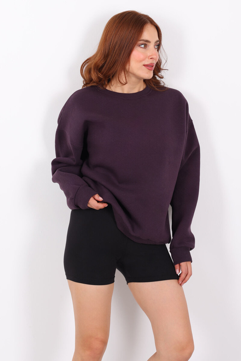 Bisiklet Yaka Üç İplik Mor Kadın Oversize Sweat - 3
