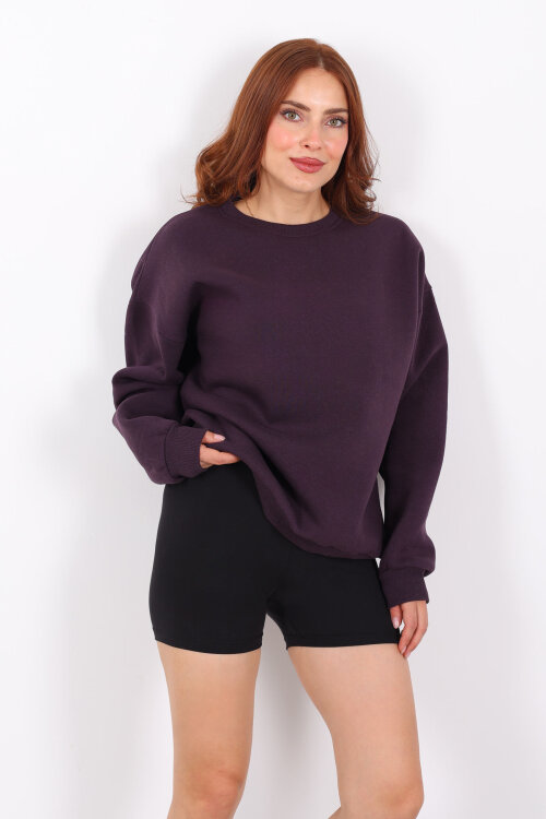 Bisiklet Yaka Üç İplik Mor Kadın Oversize Sweat - 6