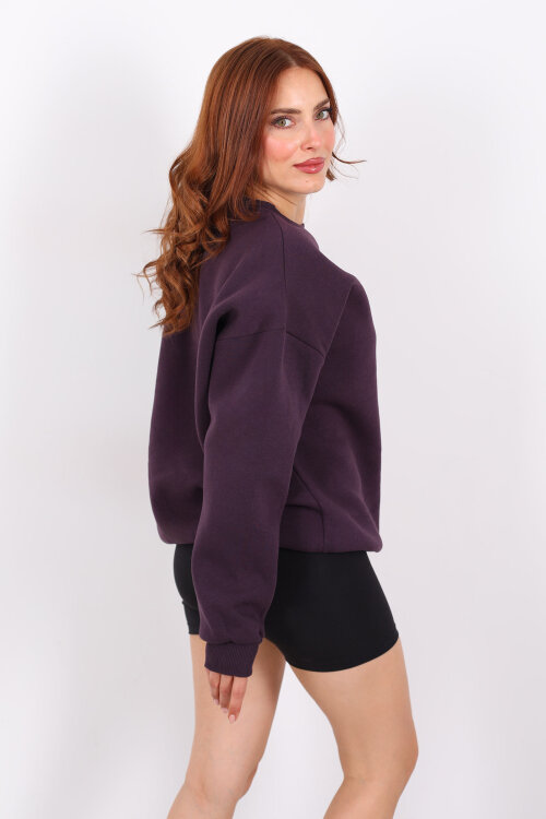 Bisiklet Yaka Üç İplik Mor Kadın Oversize Sweat - 5