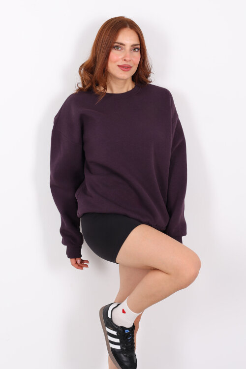 Bisiklet Yaka Üç İplik Mor Kadın Oversize Sweat - Berox