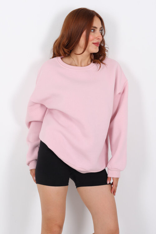 Bisiklet Yaka Üç İplik Pembe Kadın Oversize Sweat - Berox