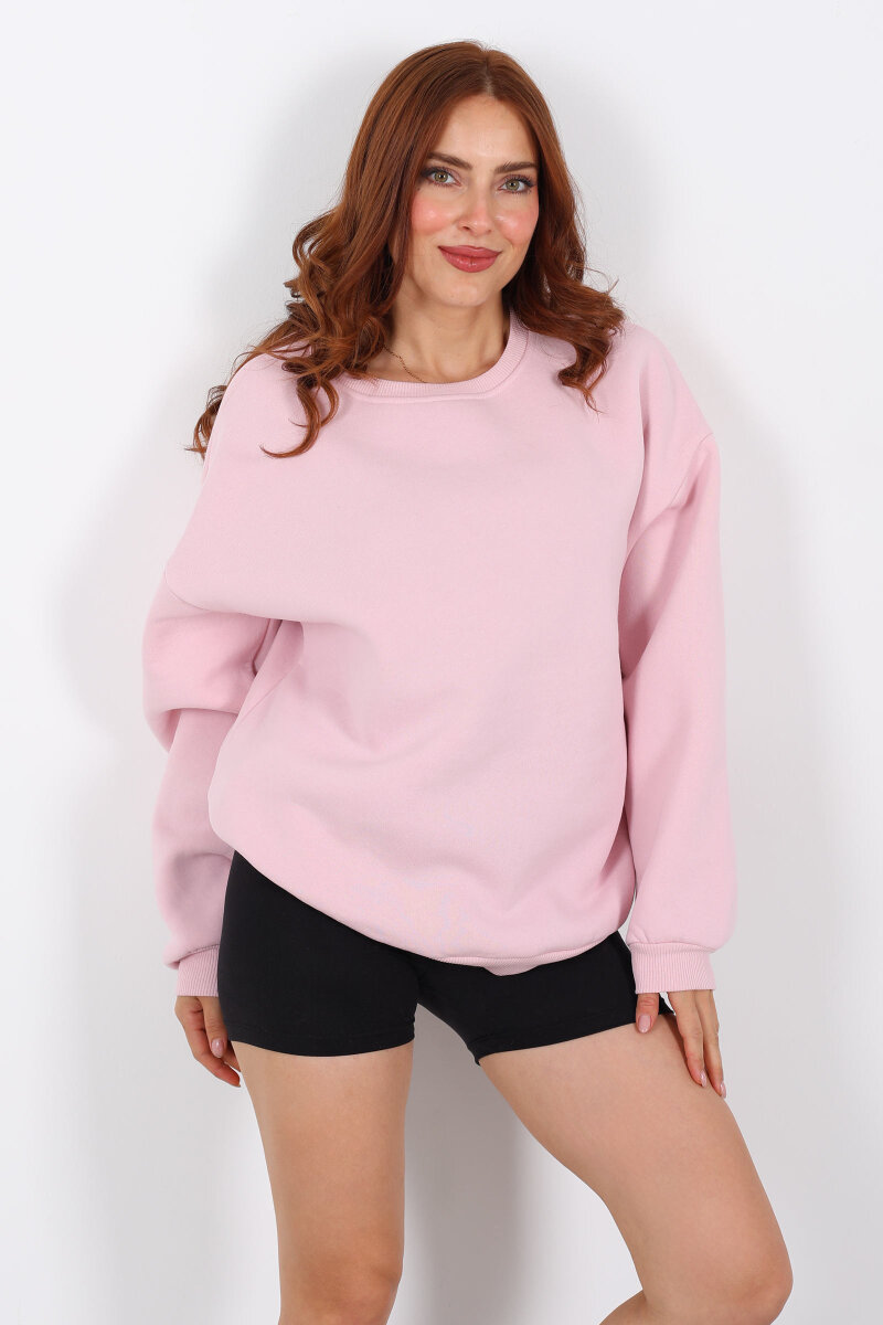 Bisiklet Yaka Üç İplik Pembe Kadın Oversize Sweat - 5