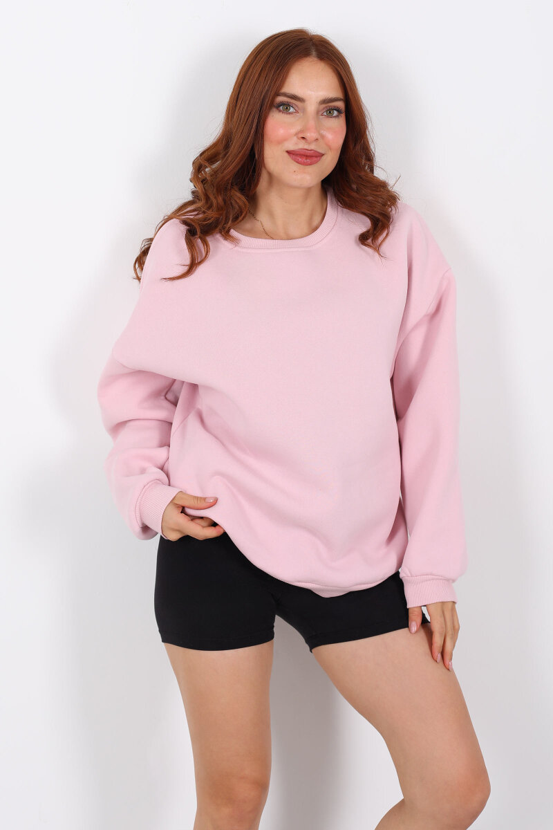 Bisiklet Yaka Üç İplik Pembe Kadın Oversize Sweat - 3