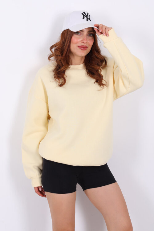 Bisiklet Yaka Üç İplik Sarı Kadın Oversize Sweat - 5