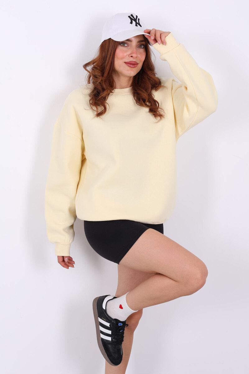 Bisiklet Yaka Üç İplik Sarı Kadın Oversize Sweat - 1