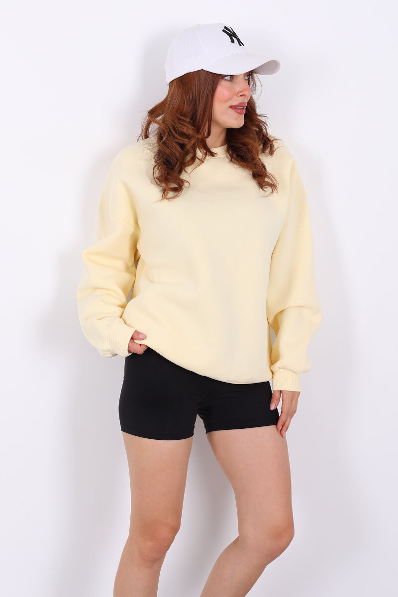 Bisiklet Yaka Üç İplik Sarı Kadın Oversize Sweat - 3