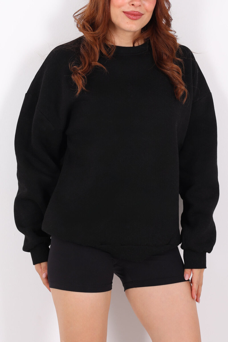 Bisiklet Yaka Üç İplik Siyah Kadın Oversize Sweat - 2