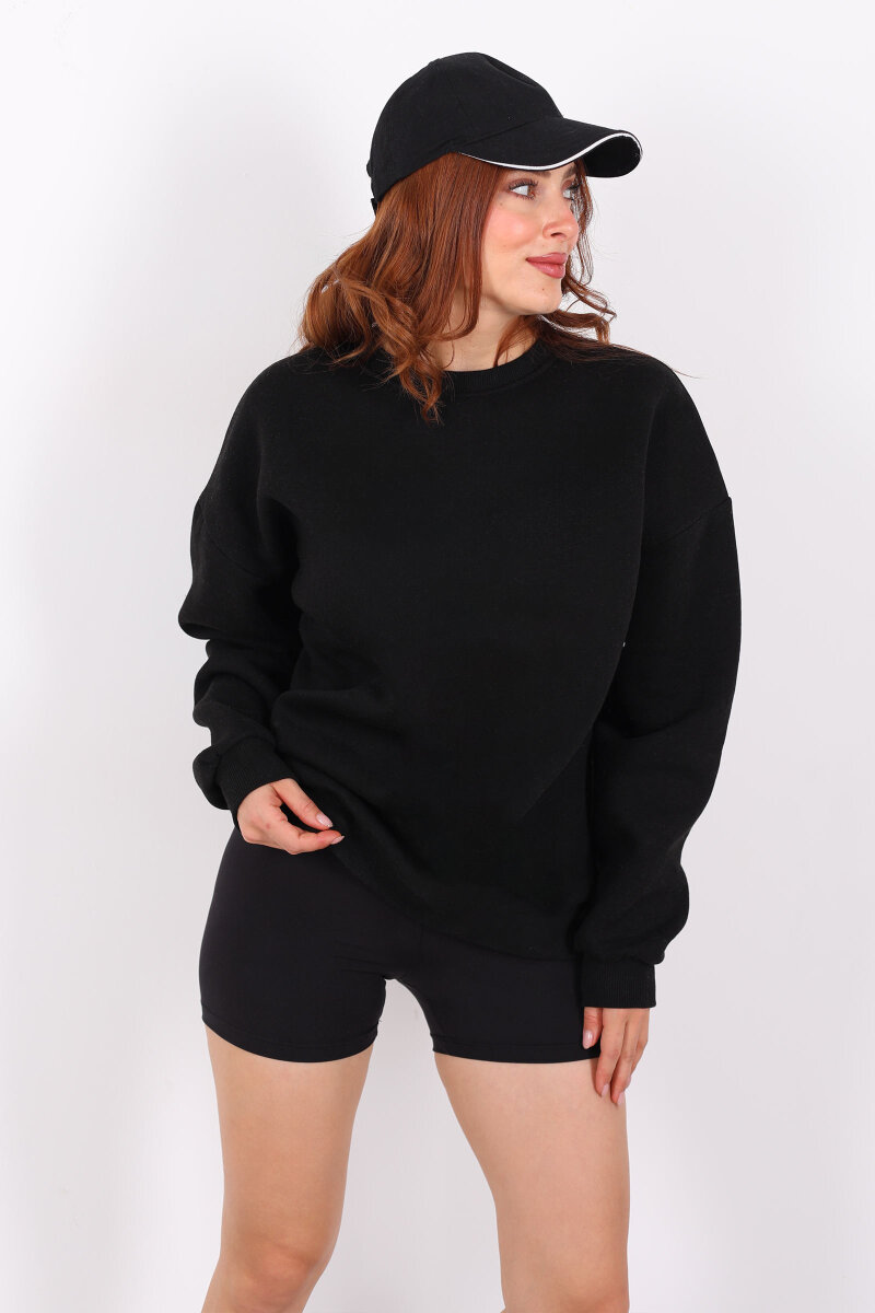 Bisiklet Yaka Üç İplik Siyah Kadın Oversize Sweat - 3
