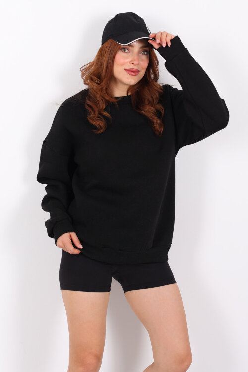 Bisiklet Yaka Üç İplik Siyah Kadın Oversize Sweat - Berox