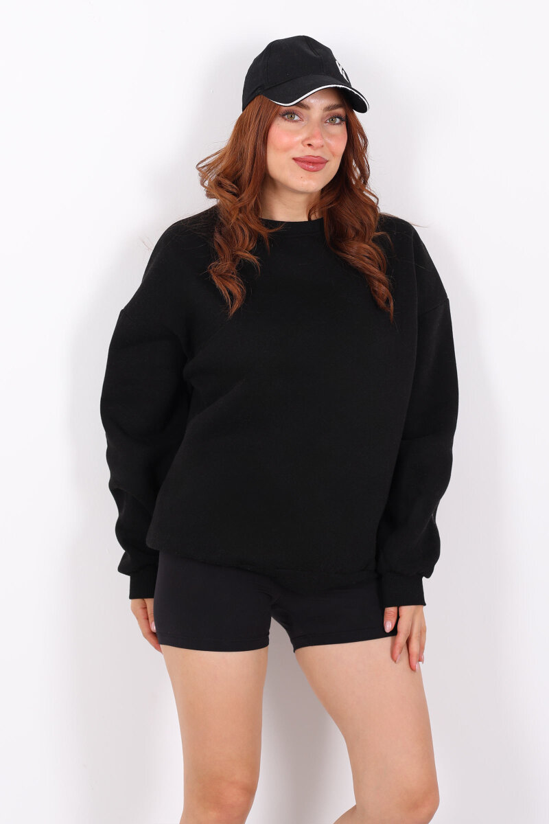 Bisiklet Yaka Üç İplik Siyah Kadın Oversize Sweat - 5