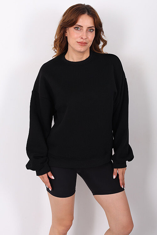 Bisiklet Yaka Üç İplik Siyah Kadın Oversize Sweatshirt - 5