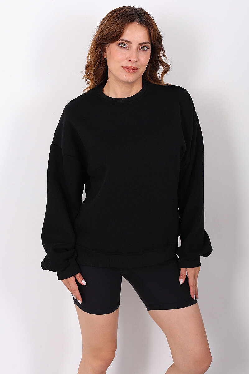 Bisiklet Yaka Üç İplik Siyah Kadın Oversize Sweatshirt - 5