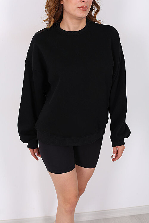 Bisiklet Yaka Üç İplik Siyah Kadın Oversize Sweatshirt - Berox (1)