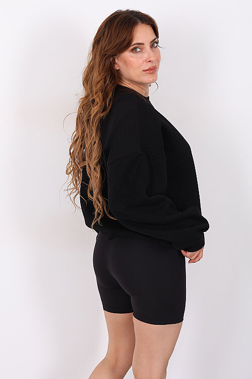 Bisiklet Yaka Üç İplik Siyah Kadın Oversize Sweatshirt - 4