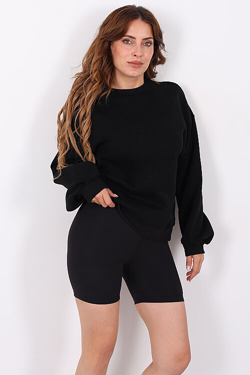 Bisiklet Yaka Üç İplik Siyah Kadın Oversize Sweatshirt - Berox