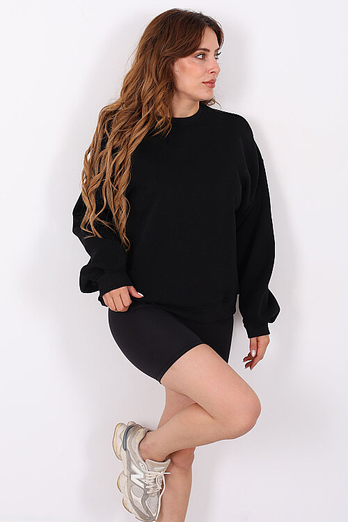 Bisiklet Yaka Üç İplik Siyah Kadın Oversize Sweatshirt - 3