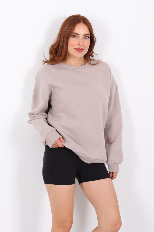 Bisiklet Yaka Üç İplik Taş Rengi Kadın Oversize Sweat - 6