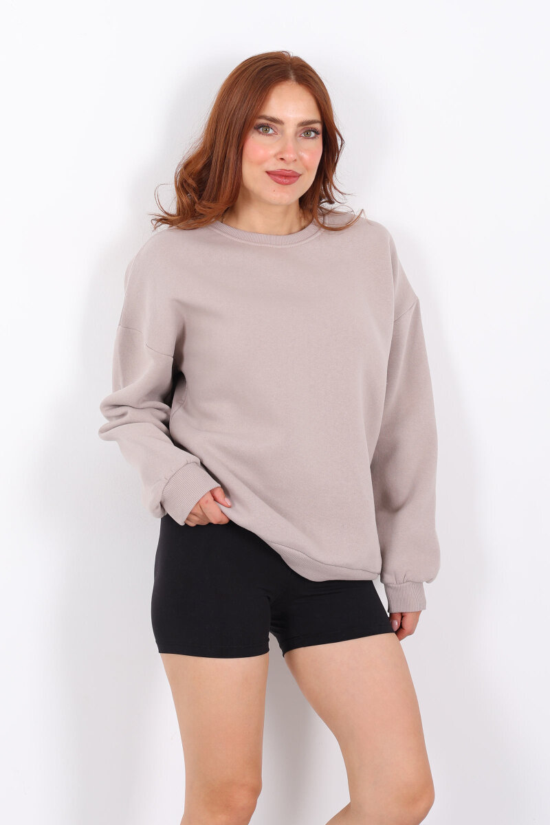 Bisiklet Yaka Üç İplik Taş Rengi Kadın Oversize Sweat - 6