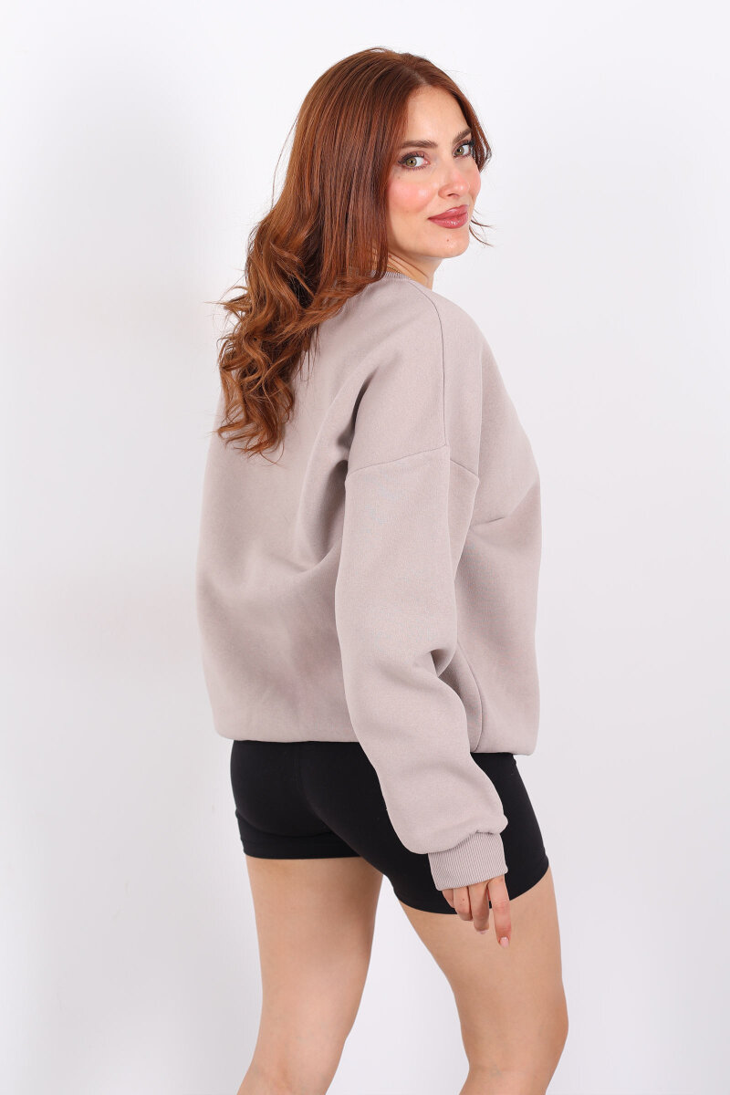 Bisiklet Yaka Üç İplik Taş Rengi Kadın Oversize Sweat - 5