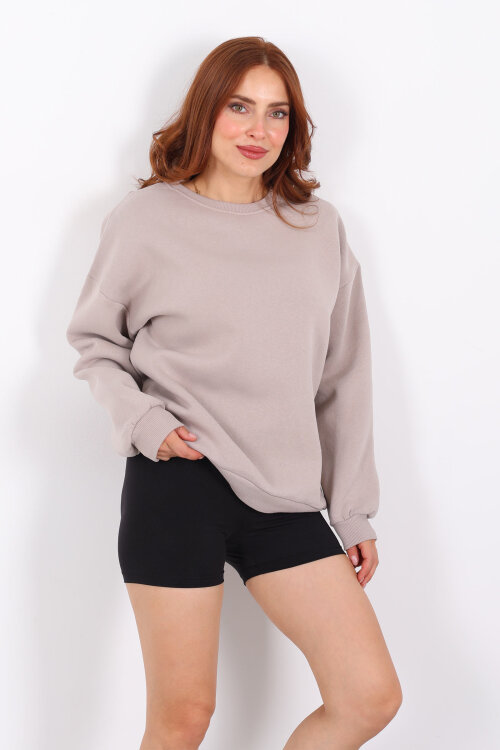 Bisiklet Yaka Üç İplik Taş Rengi Kadın Oversize Sweat - 3
