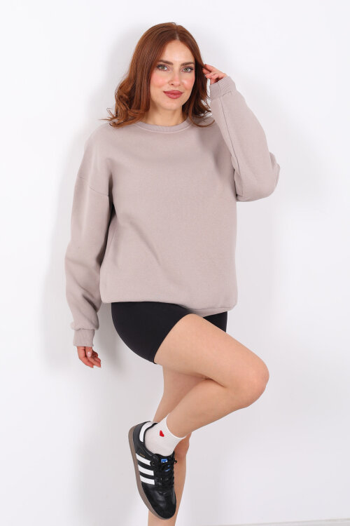 Bisiklet Yaka Üç İplik Taş Rengi Kadın Oversize Sweat - Berox