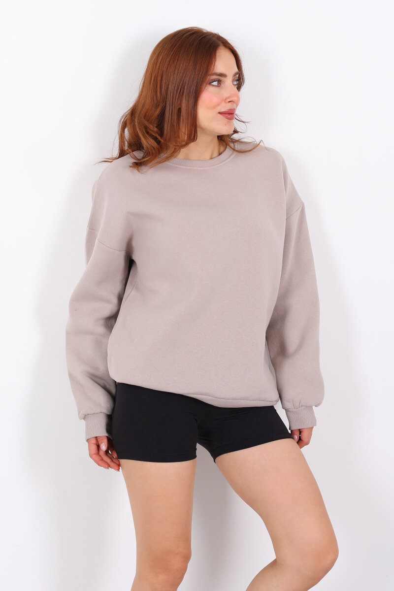 Bisiklet Yaka Üç İplik Taş Rengi Kadın Oversize Sweat - 4