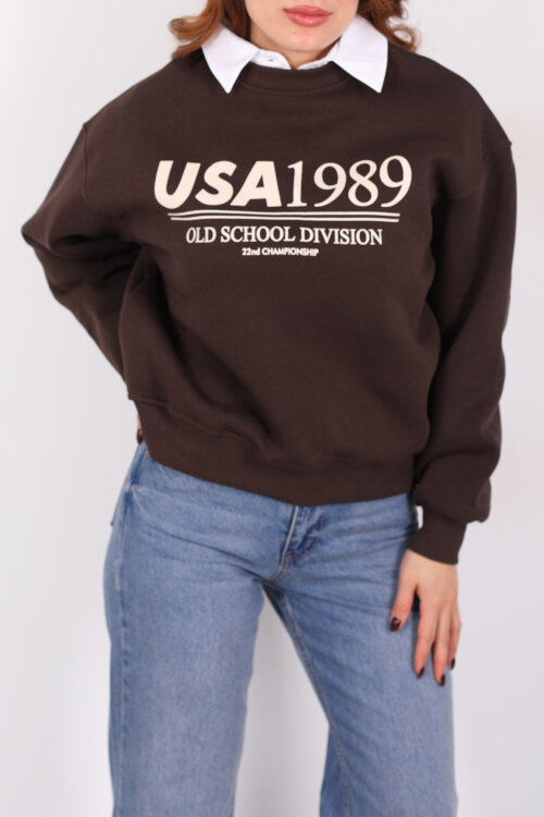Bisiklet Yaka USA Yazılı Acı Kahve Kadın Üç İplik Sweat - Berox (1)
