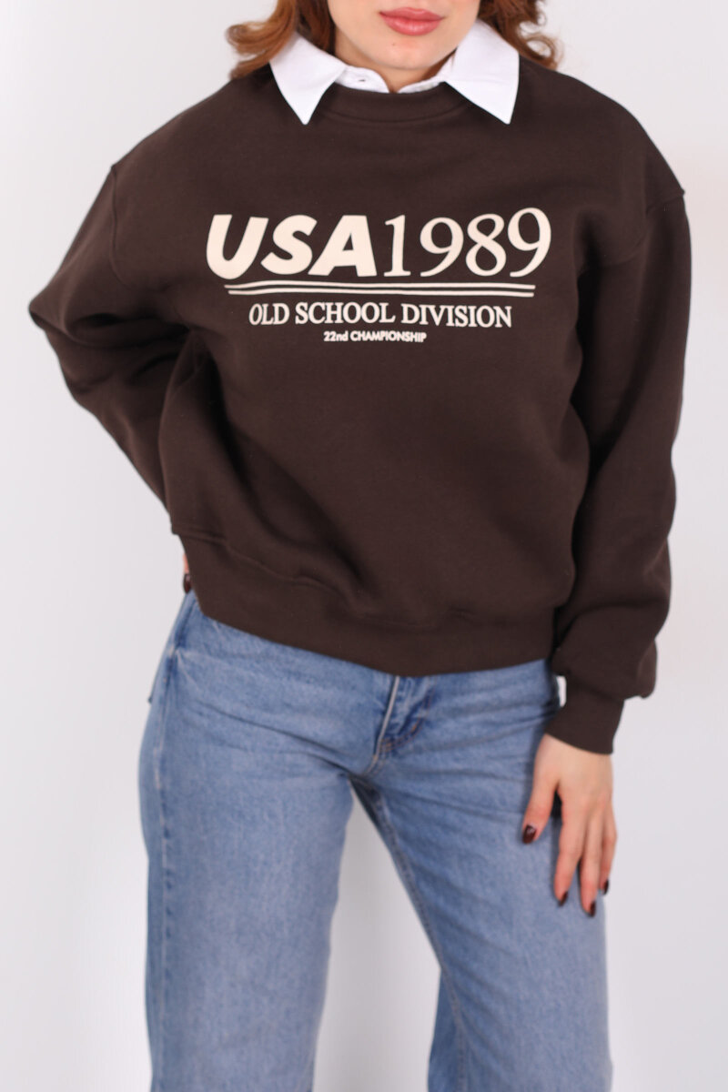 Bisiklet Yaka USA Yazılı Acı Kahve Kadın Üç İplik Sweat - 2