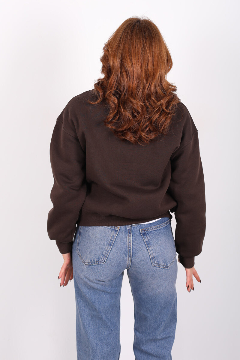 Bisiklet Yaka USA Yazılı Acı Kahve Kadın Üç İplik Sweat - 5