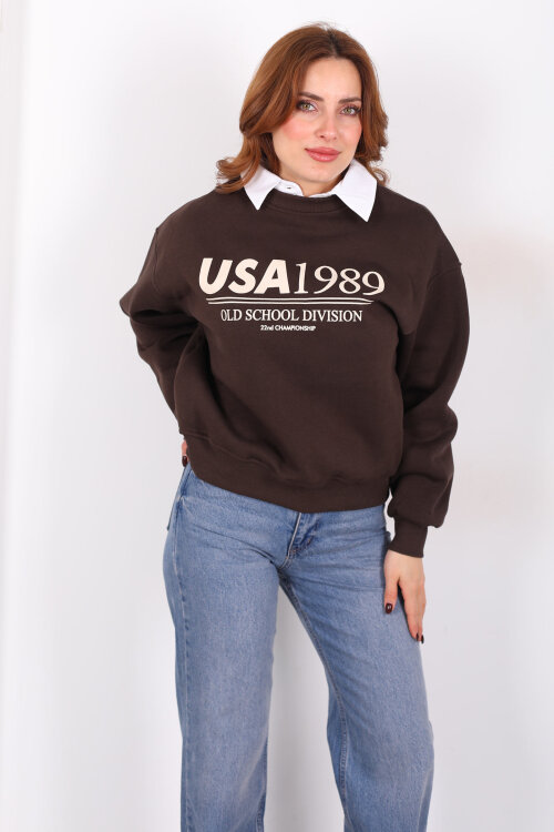 Bisiklet Yaka USA Yazılı Acı Kahve Kadın Üç İplik Sweat - 4